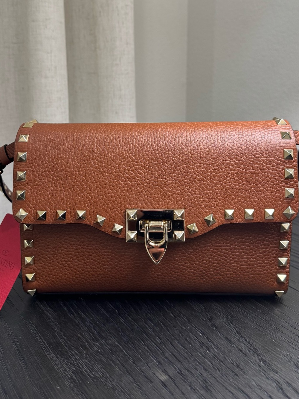 Valentino Garavani Small Rockstud Grainy Calfskin Crossbody Bag Brown